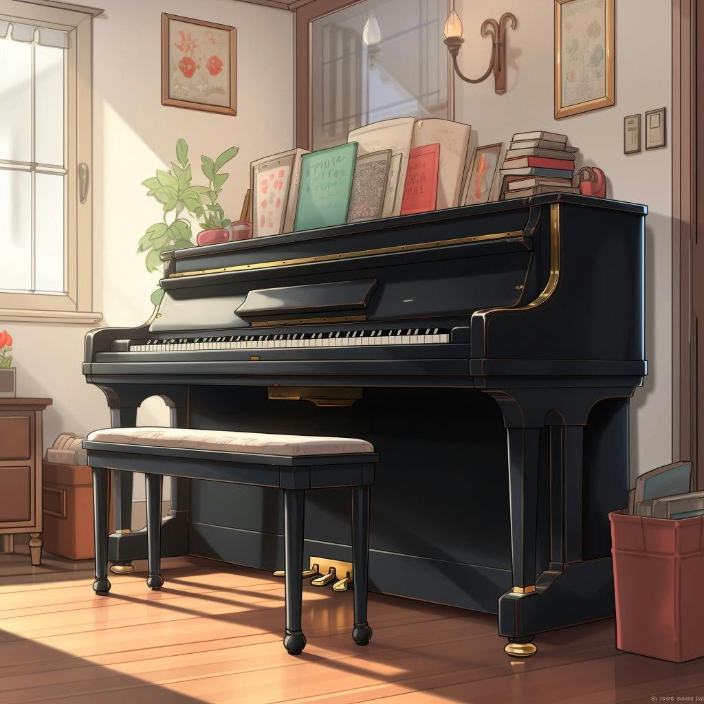 upright piano in a sunlit room