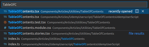 Image showing vs code search effectively finding the right file from component name