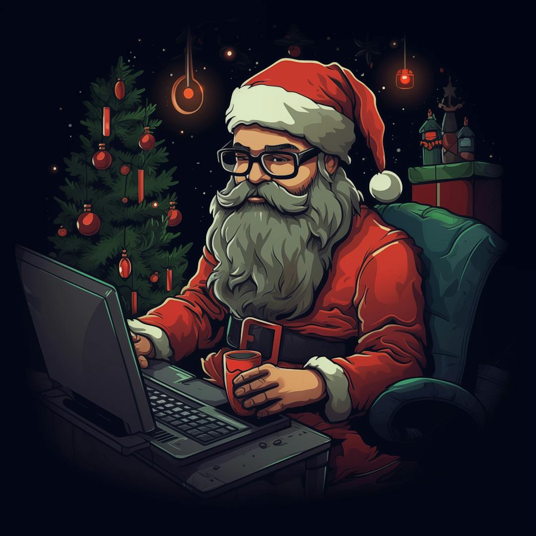 Santa writing code at his desktop computer