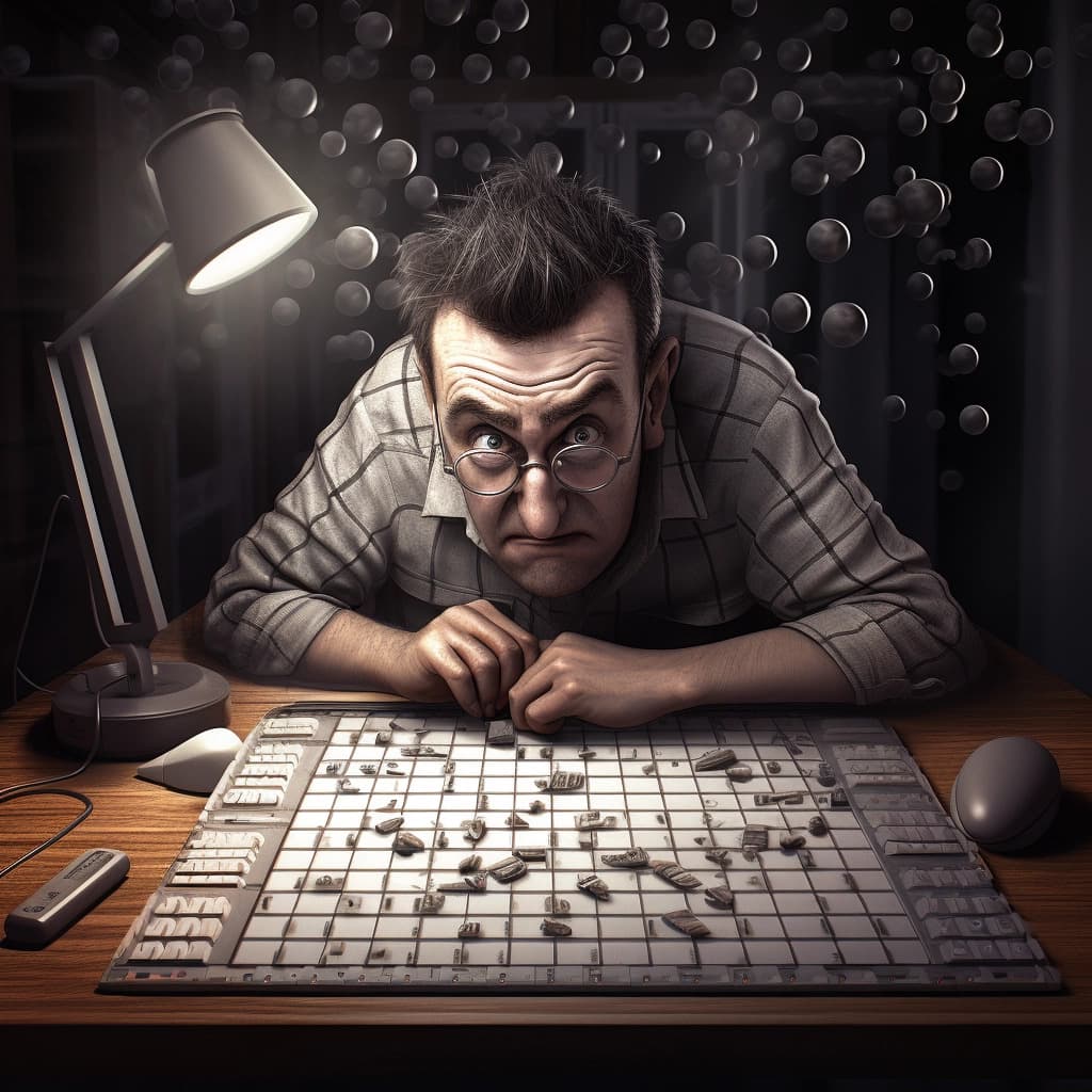 man hunched over a board trying to solve a puzzle game