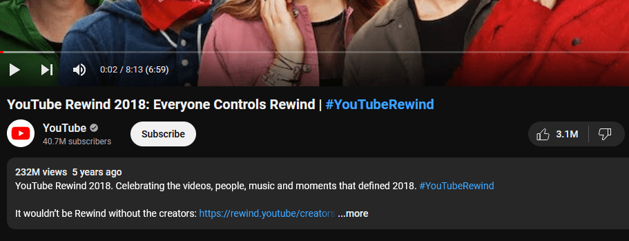 youtube rewind 2018 with a like count of 3.1 million